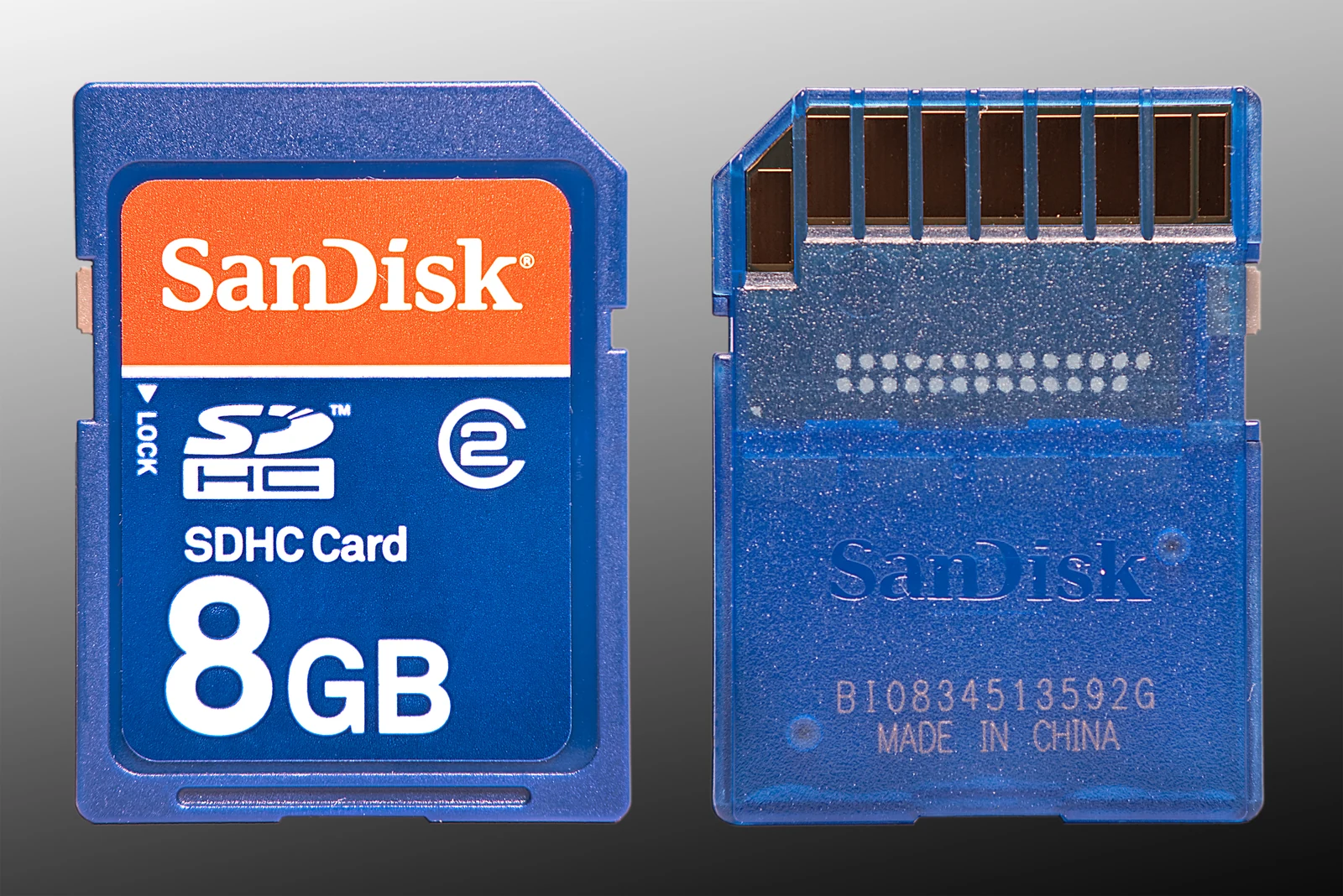 Front and back of a SanDisk SDHC memory card